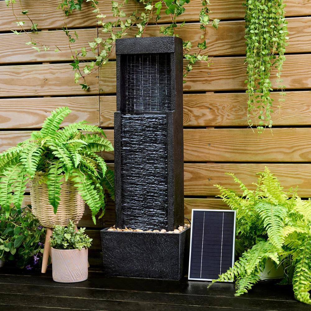 Athena Black Solar-Powered Outdoor Waterfall Fountain with LED Lights