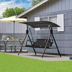 3 Person Porch Swing Black Metal Heavy Duty Outdoor Patio Swing Chair with Adjustable Canopy