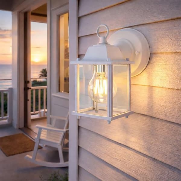 8 in. White Outdoor Hardwired Wall Lantern Sconce with Clear Glass and No Bulb Included