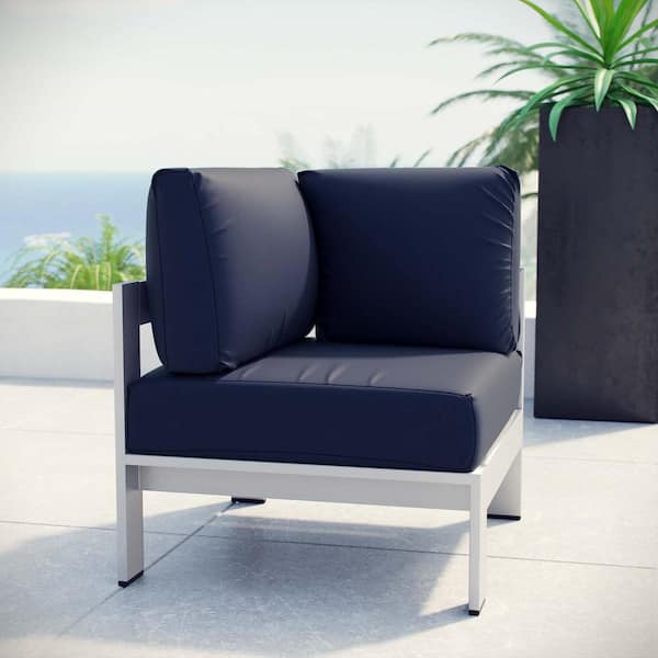 MODWAY Shore Patio Aluminum Corner Outdoor Sectional Chair in Silver with Navy Cushions