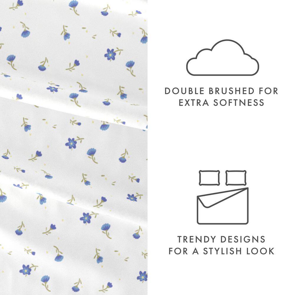 Light Blue Floral Microfiber Full Sheet Set with Deep Pockets