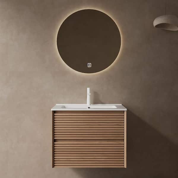 Zeus & Ruta 24 in. W x 18.3 in. D x 20.4 in. H Floating Bath Vanity in Natural Walnut with White Ceramic Top, Pre-Assembled