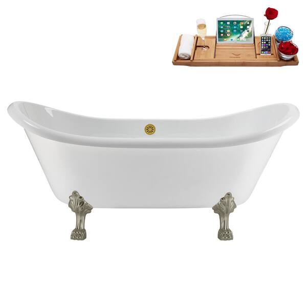Streamline 71 in. x 31 in. Acrylic Clawfoot Soaking Bathtub in Glossy White with Brushed Gold Drain and Brushed Nickel Clawfeet