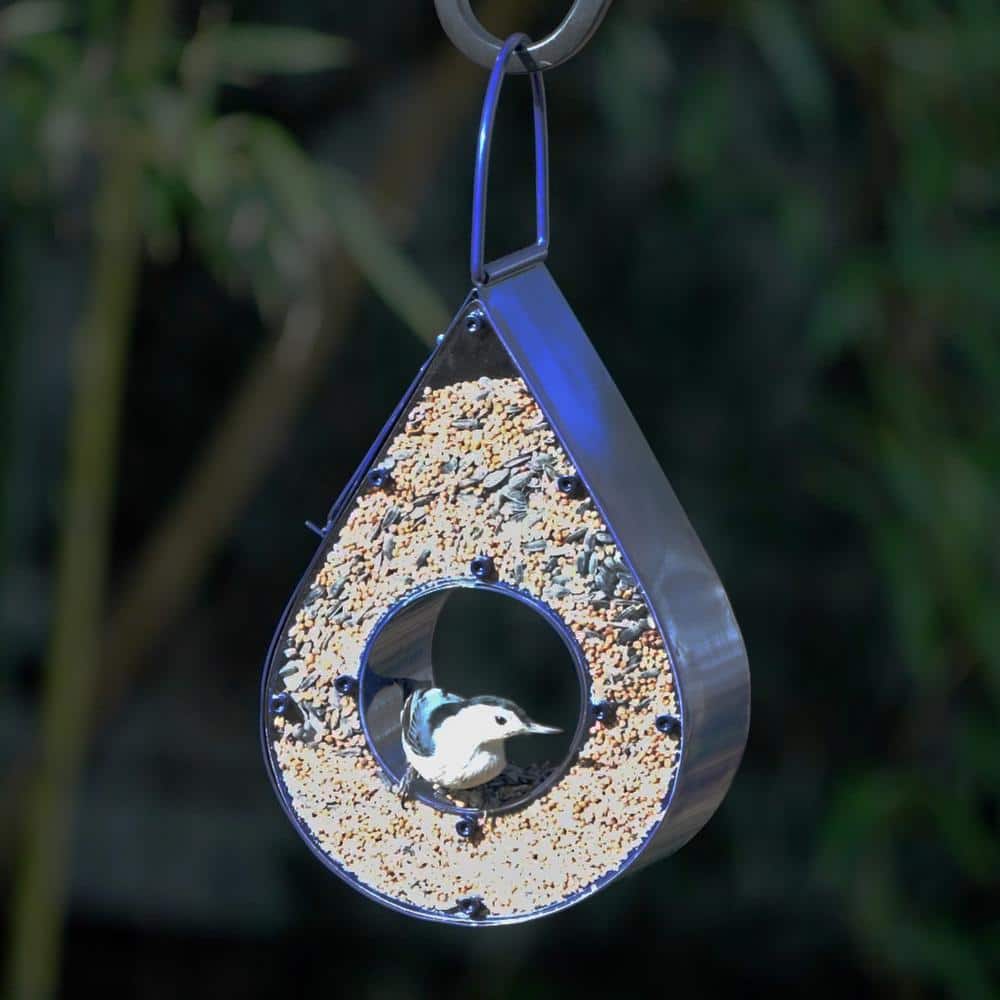 Blue Metal Hanging Raindrop Bird Feeder with Plexiglass