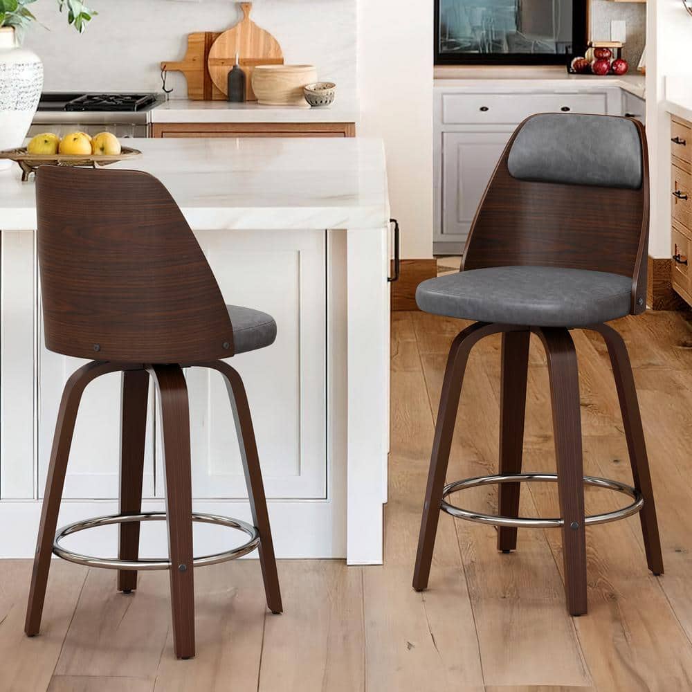 Edward 26 in. Gray Faux Leather Swivel Bar Stool Solid Wood Walnut Frame Co