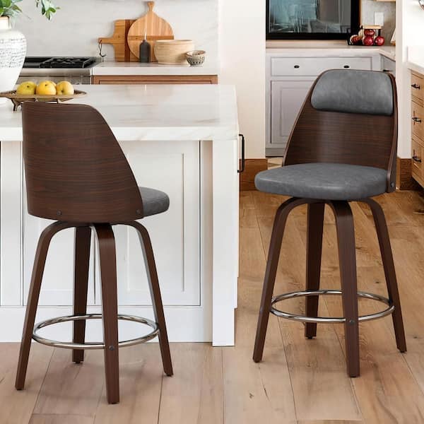 Unbranded Edward 26 in. Gray Faux Leather Swivel Bar Stool Solid Wood Walnut Frame Counter Height Bar Stool (Set of 2)