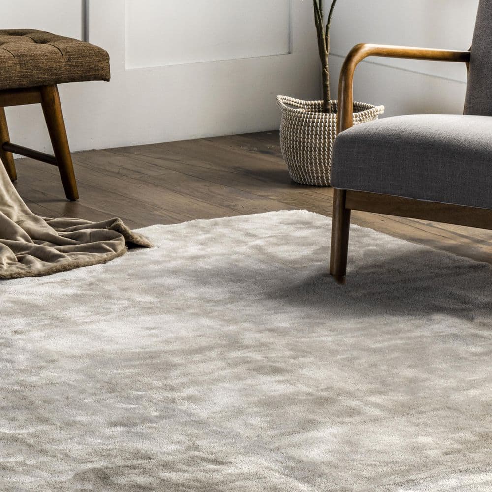 Beige Round Washable Shag Synthetic Area Rug