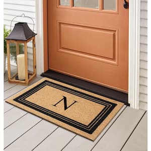 A1HC Flock Black/Beige 18 in x 30 in Natural Coir Thin-Profile Non-Slip Outdoor Durable Monogrammed N Doormat