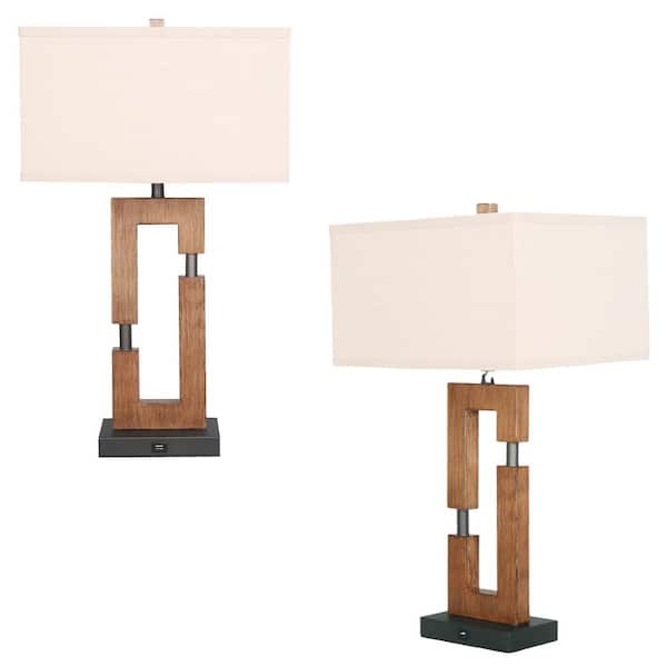 Pia Ricco 25.9 in. Dark Wood Table Lamps With USB Port (Set of 2)