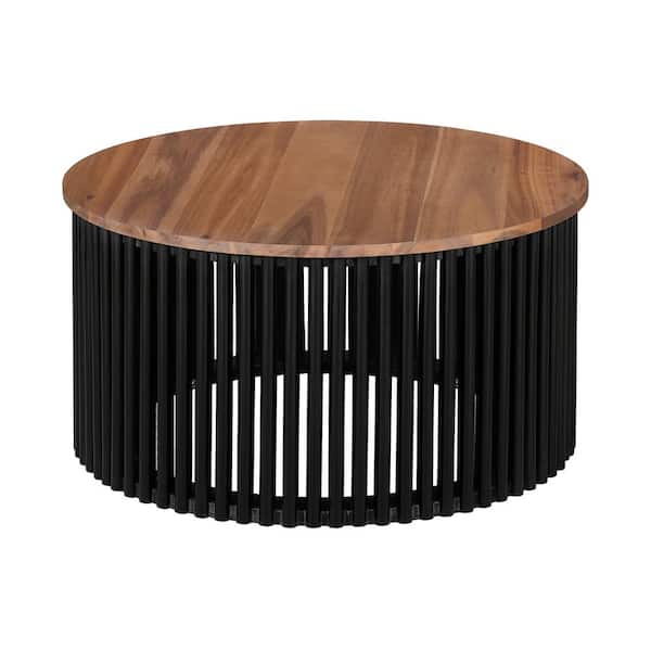 Edington Natural and Black Acacia Wood Round Coffee Table-Stylish and Durable Indoor/Outdoor Table for Modern Living