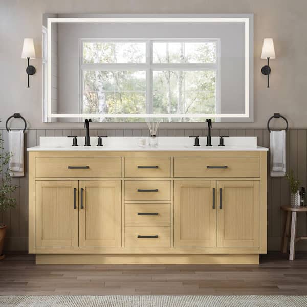 Beckett TK 72 in. Double Freestanding Rift Oak with Matte Black Trim Bath Vanity with White Quartz Top