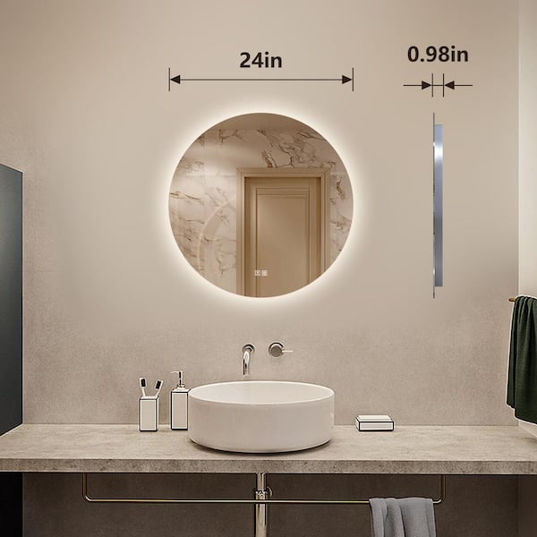 HOMLUX 24 in. W x 24 in. H Round Frameless LED Light with 3-Color and Anti-Fog Wall Mounted Bathroom Vanity Mirror, Silver