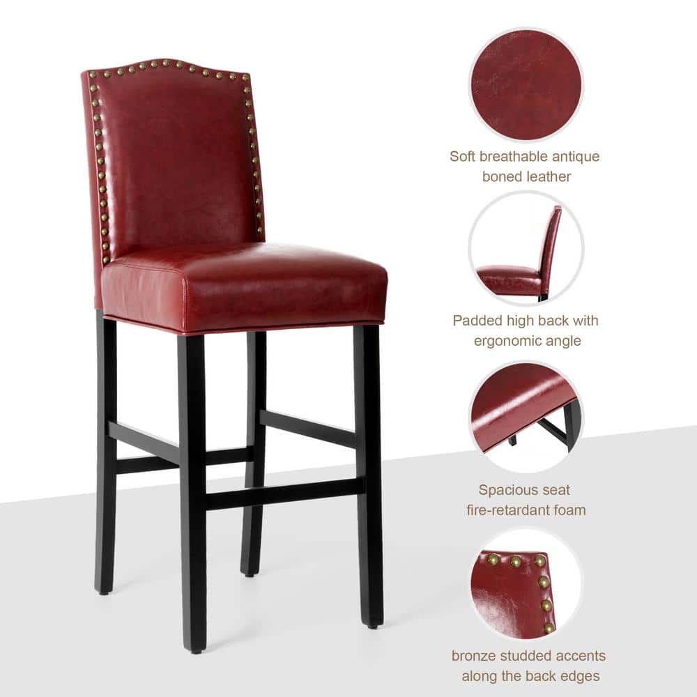 Elegant Red Leatherette Adjustable Barstool Set with Studded Detail