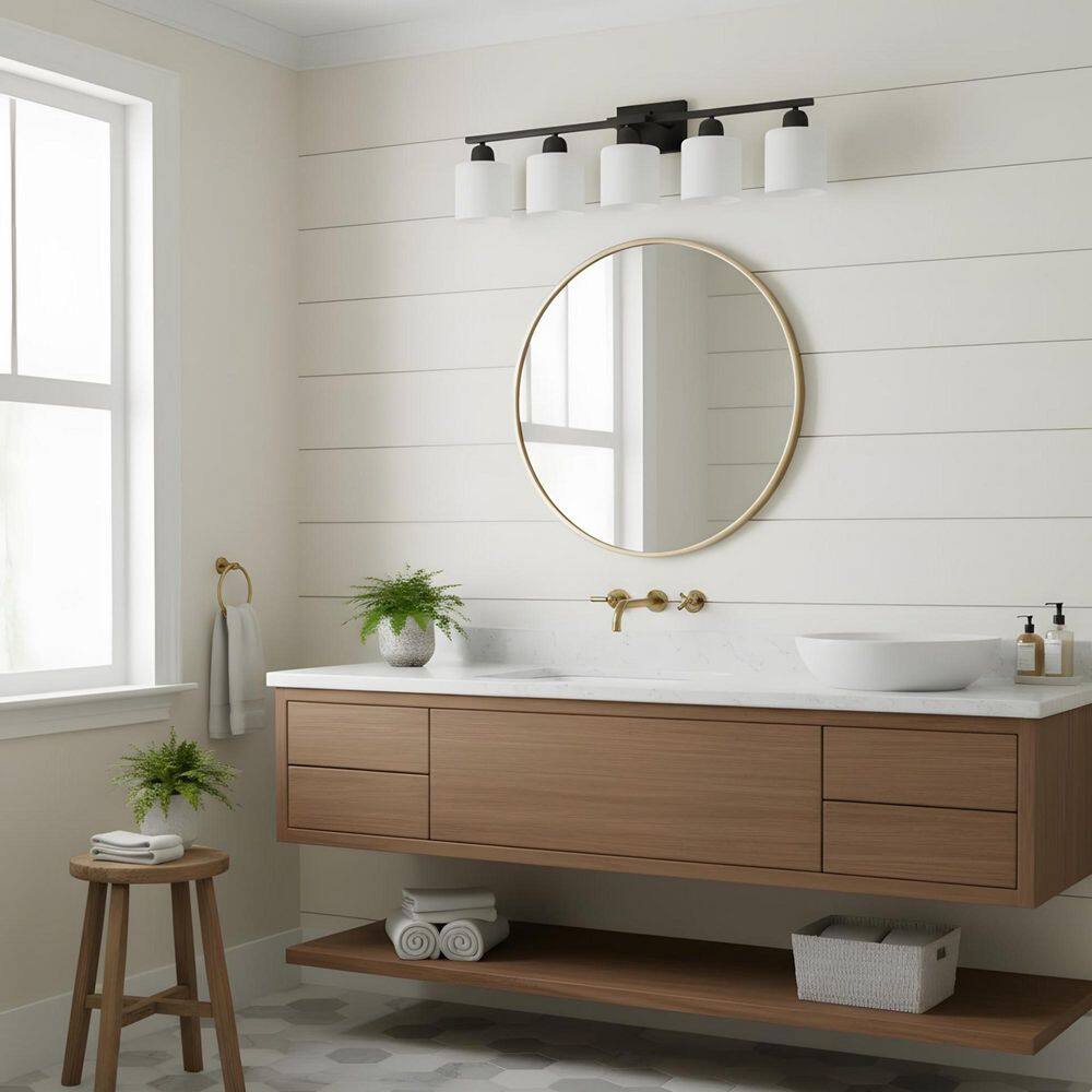 31.5 in. 5-Light Matte Black Bathroom Vanity Light with White Glass Shades price history on PriceWatchPro