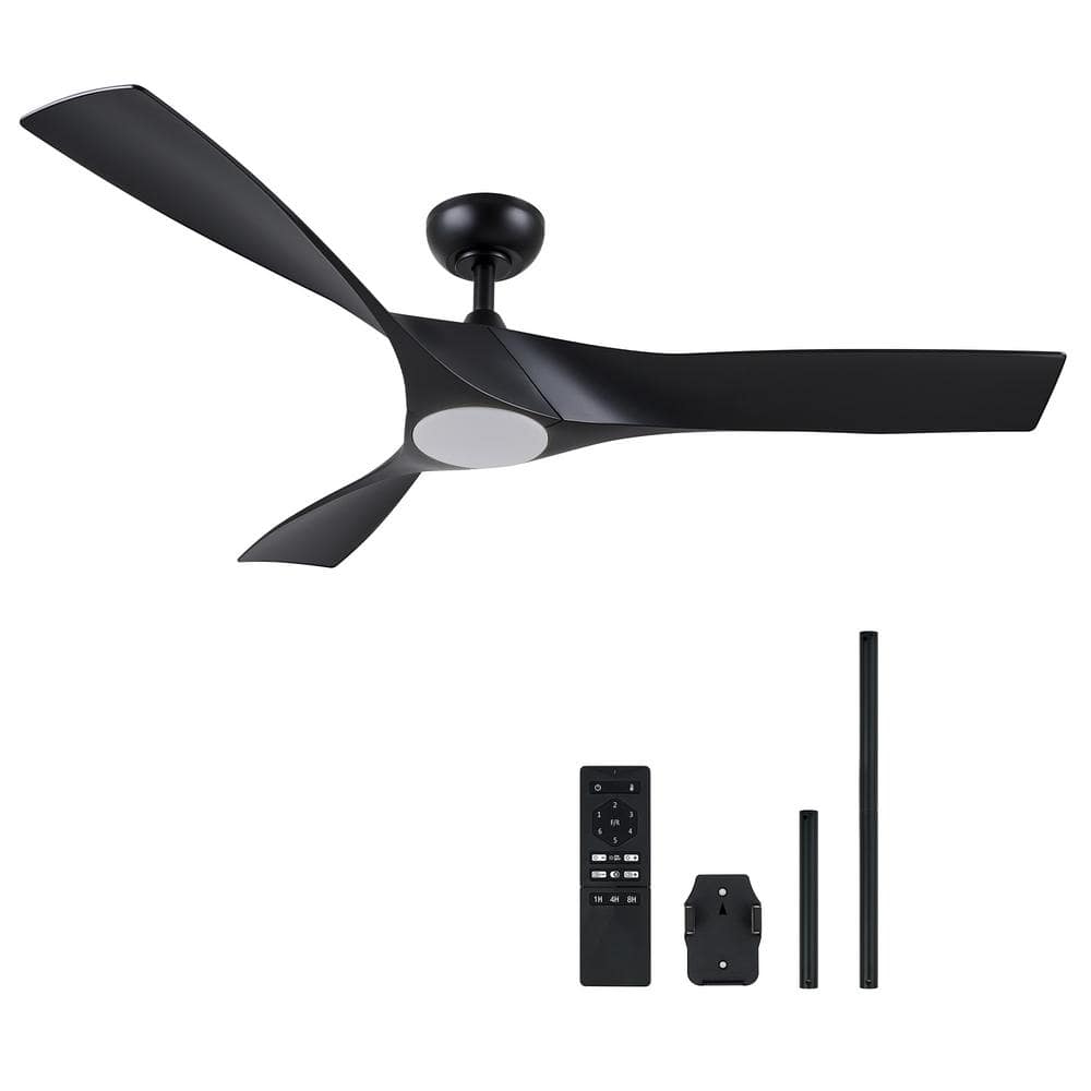 52" Black Modern Ceiling Fan with Dimmable LED Light and Remote