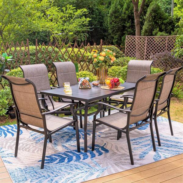 Hampton bay high garden black steel padded sling slat top outdoor deals patio dining set