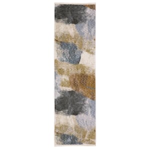 Haven Beige/Gold 2 ft. x 8 ft. Abstract Odyssey Polyester Fringed Indoor Runner Area Rug