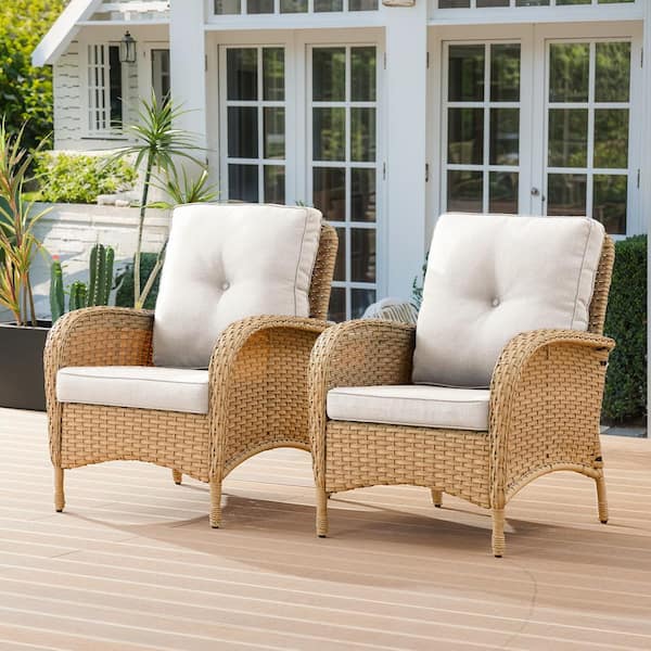 moosprr Patio Yellow Wicker Outdoor Lounge Chair with Beige Cushions (2-Pack)