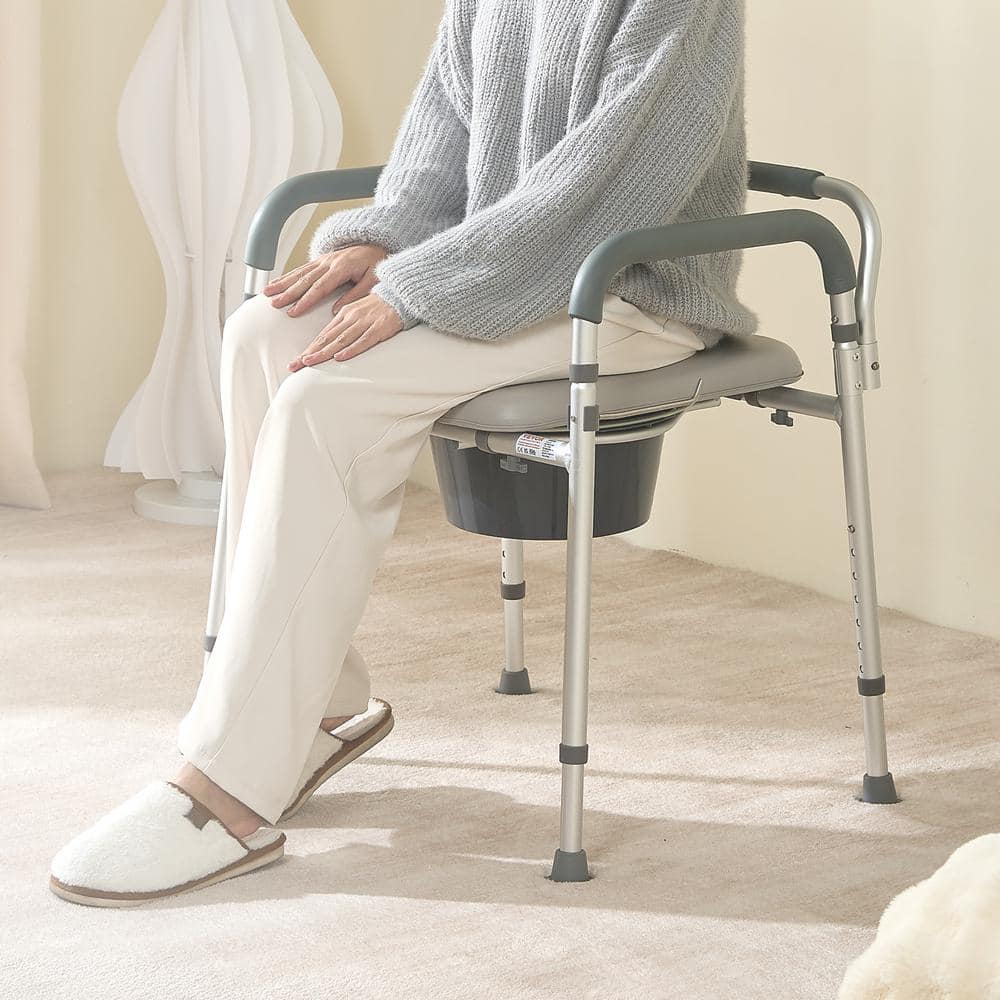 Adjustable Height Steel Bedside Commode Chair with Padded Seat