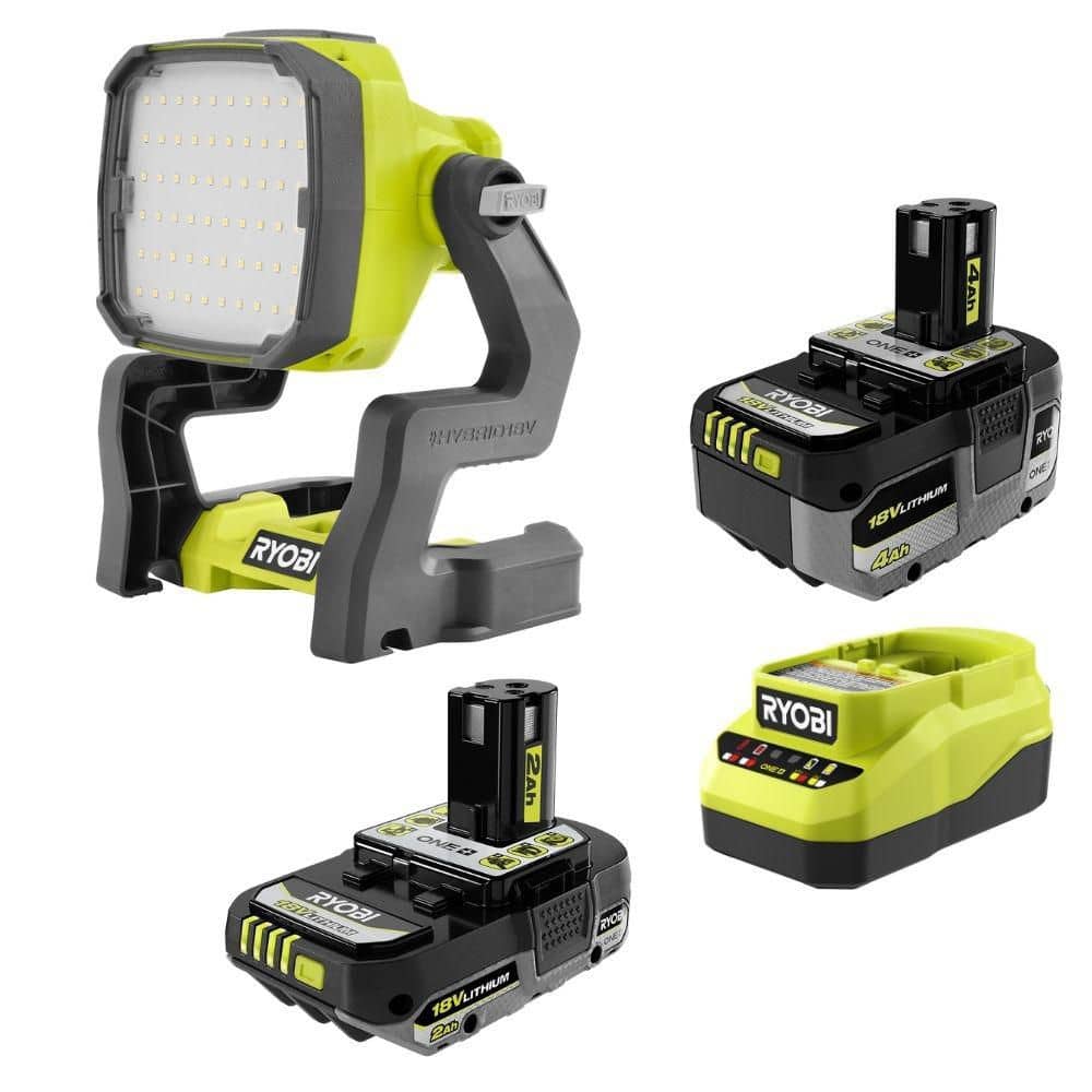 RYOBI ONE+ 18V Lithium Starter Kit w/ (1) 2.0 Ah Battery, (1) 4.0 Ah Battery & Charger w/ ONE+ 18V Hybrid LED Work Light (PSK1212PCL633)