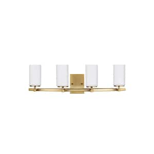 Alturas 30.5 in. 4-Light Satin Brass Modern Contemporary Wall Bathroom Vanity Light with Satin Etched Glass Shades