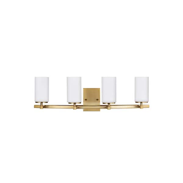 Generation Lighting Alturas 30.5 in. 4-Light Satin Brass Modern Contemporary Wall Bathroom Vanity Light with Satin Etched Glass Shades