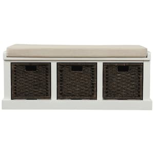 17''H X 43.7''W X 15.7''D Rustic Storage Bench with 3 Removable Classic Rattan Basket, Removable Cushion in White