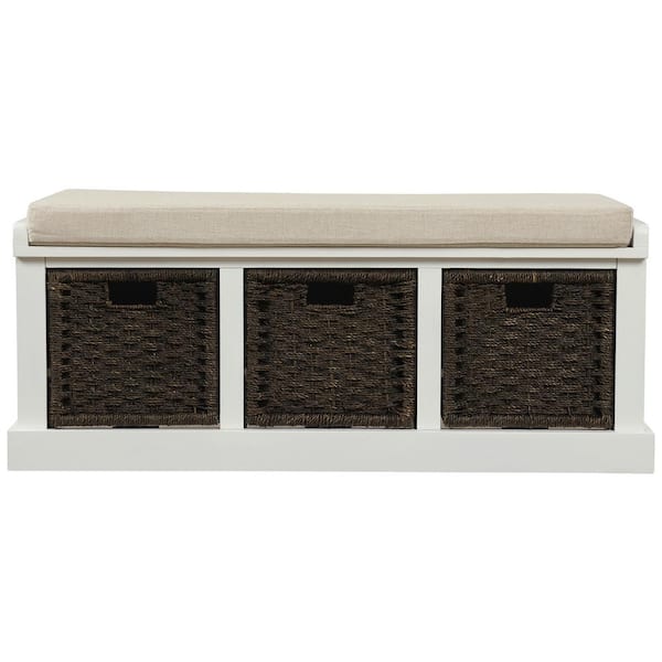 Aoibox 17''H X 43.7''W X 15.7''D Rustic Storage Bench with 3 Removable Classic Rattan Basket, Removable Cushion in White