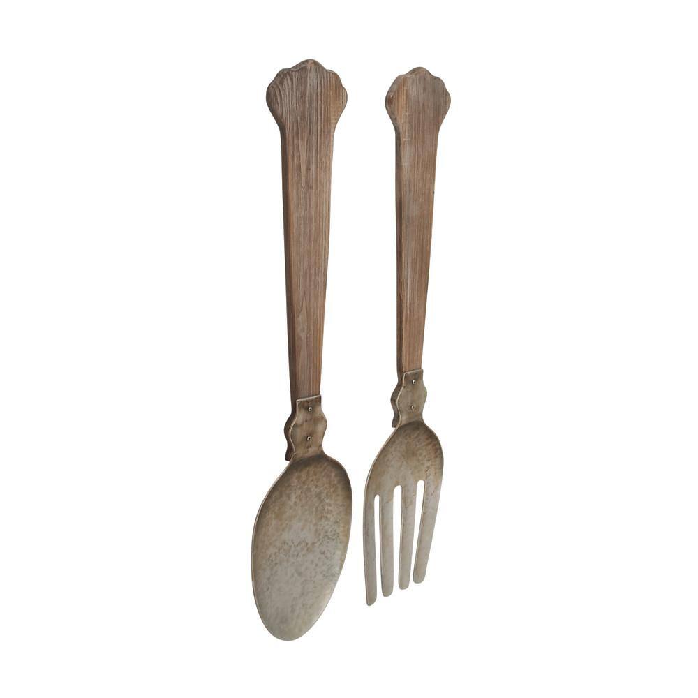 Large Brown and Silver Metal Spoon and Fork Wall Decor Set