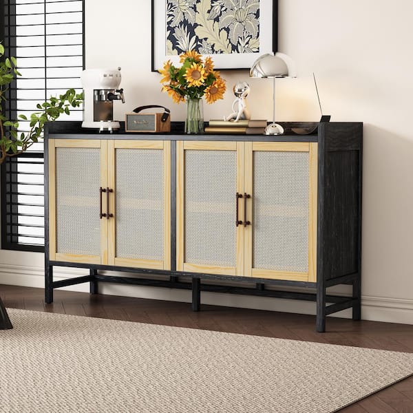Harper & Bright Designs Black and Natural Pine Veneer and MDF 60 in. Sideboard with Adjustable Shelves and 4 Rattan Doors