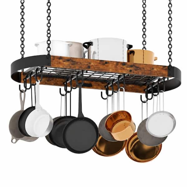 Rustic Brown and Black Ceiling Pot Rack with 16 Detachable S Hooks, 31.7-Inch Hanging Rack
