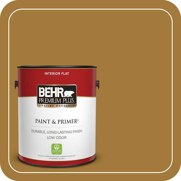 BEHR PREMIUM PLUS 1 gal. #320D-7 Victorian Gold Flat Low Odor Interior Paint & Primer