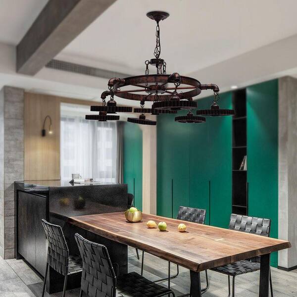 OUKANING 7-Light Rust Color Retro Gear-Shaped Pendant Light with