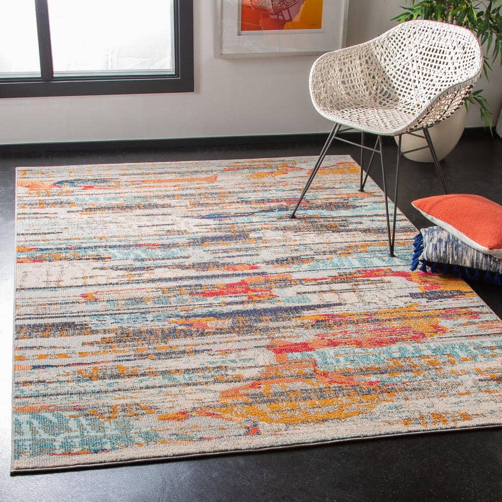 Ivory and Multicolor Abstract Synthetic Area Rug, 4' x 6'