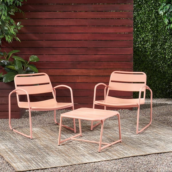 Noble House Cowan Matte Coral 3-Piece Metal Outdoor Patio Conversation Seating Set
