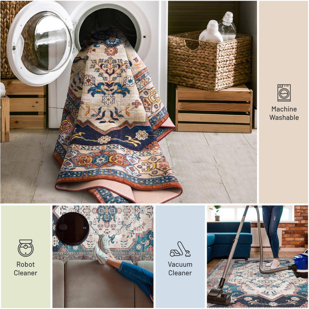 Ivory and Navy Medallion Washable Synthetic Area Rug 2' x 3'