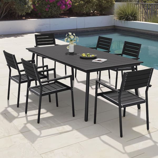 7-Piece Aluminum Patio Dining Set with 6 Stackable Polywood Dining Armchairs and Rectangular Dining Table in Black
