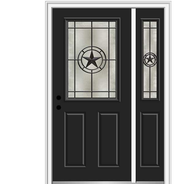 MMI Door Elegant Star 53 in. x 81.75 in. Inswing 1/2 Lite Decorative Glass Black Painted Fiberglass Prehung Front Door