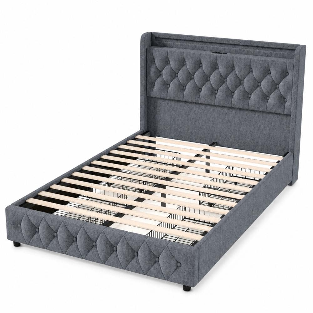 Gray Linen Upholstered Button Tufting Lighting Full Size Platform Bed Frame with Storage Drawers and Charge Station price history on PriceWatchPro