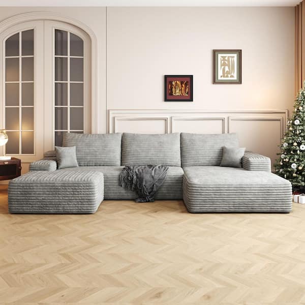 Modern 107 in. Square Arm 3-Piece Corduroy U-Shaped Deep Seat Upholstered Sectional Sofa with Ottoman in Gray