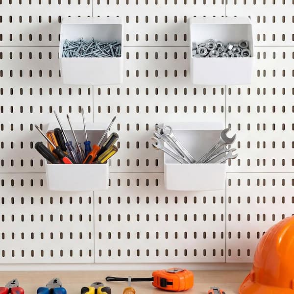 4-Pack Multi-Purpose 1-Shelf White Durable Pegboard Organizer Bin with Hooks for Garage, Kitchen, Office, Workbench