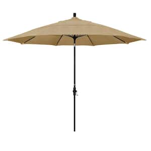 11 ft. Black Aluminum Pole Market Fiberglass Collar Tilt Crank Lift Outdoor Patio Umbrella in Linen Sesame Sunbrella
