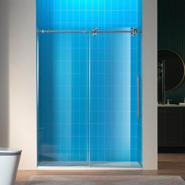 60 in. W x 80 in. H Sliding Frameless Shower Door in Brushed Nickel Finish with 3/8 in. Clear Glass