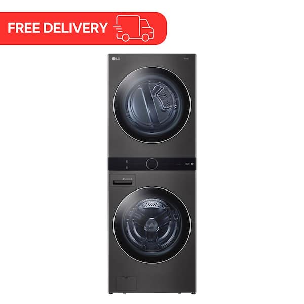 WashTower Stacked SMART Laundry Center 4.5 Cu.Ft. Front Load Washer & 7.4 Cu.Ft. Electric Dryer in Black Steel w/ Steam