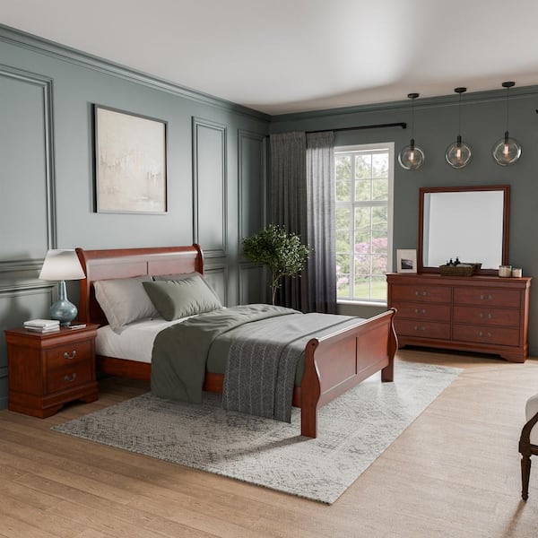 4-Piece Burkhart Cherry Wood Queen Bedroom Set with Nightstand and Dresser/Mirror