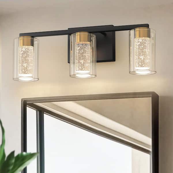 18 in. 3-Light Black and Gold LED Vanity Light, Warm to Cool Lighting with Clear Glass for Bathroom Mirror