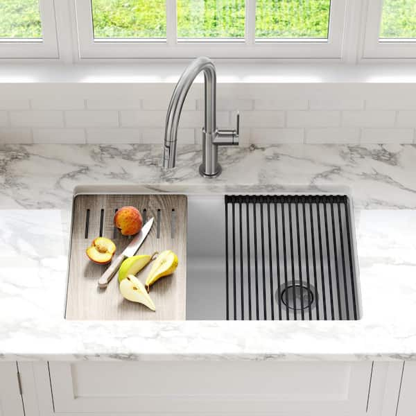 Bellucci White Granite Composite 30 in. Single Bowl Undermount Workstation Kitchen Sink with Accessories