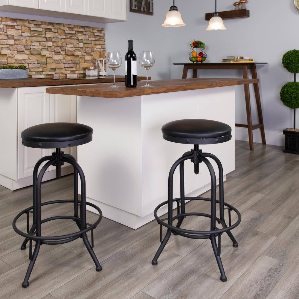 Adjustable Black Leather Swivel Backless Metal Barstool