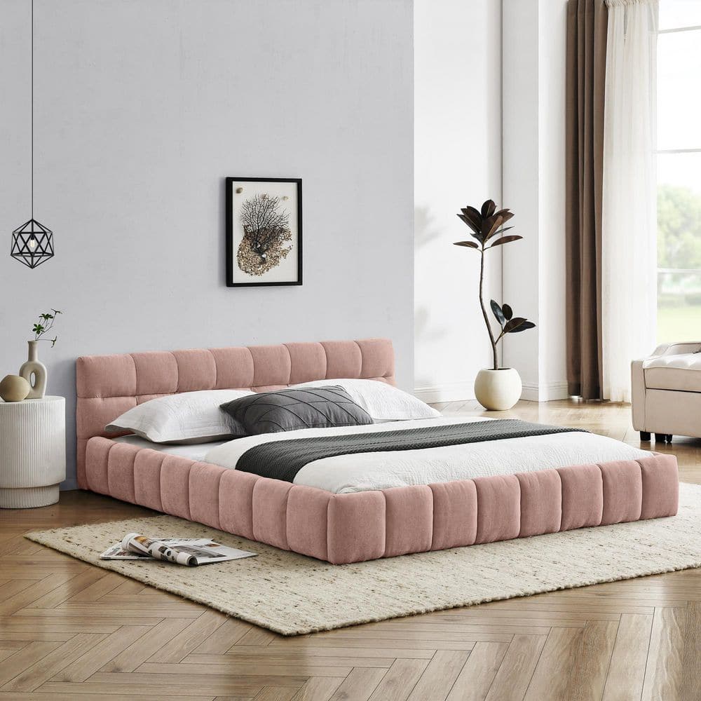 Elfin Beige Wood Frame Queen Size Platform Bed with Chenille Upholstered Headboard