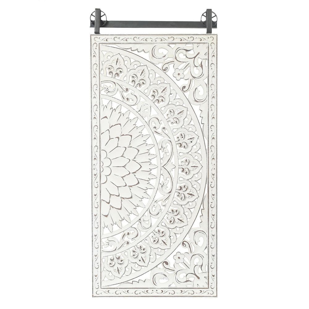 Distressed Ivory White Wood Floral Wall Art Set with Iron Bar
